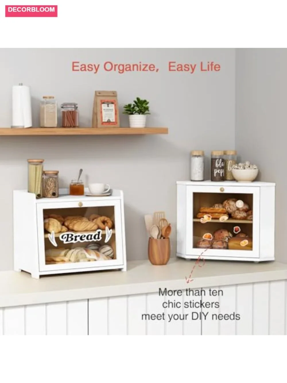 Corner Bread Box Double Layer Bamboo Kitchen Storage with Acrylic Window